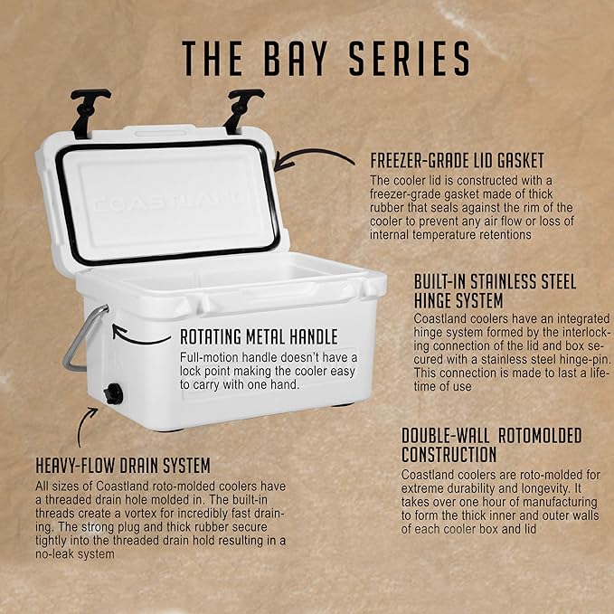 Coastland Bay Series Cooler Premium Everyday Use Insulated Rotomolded Cooler, Small Ice Chest for Tight Spaces, Soccer Games, & Tailgates