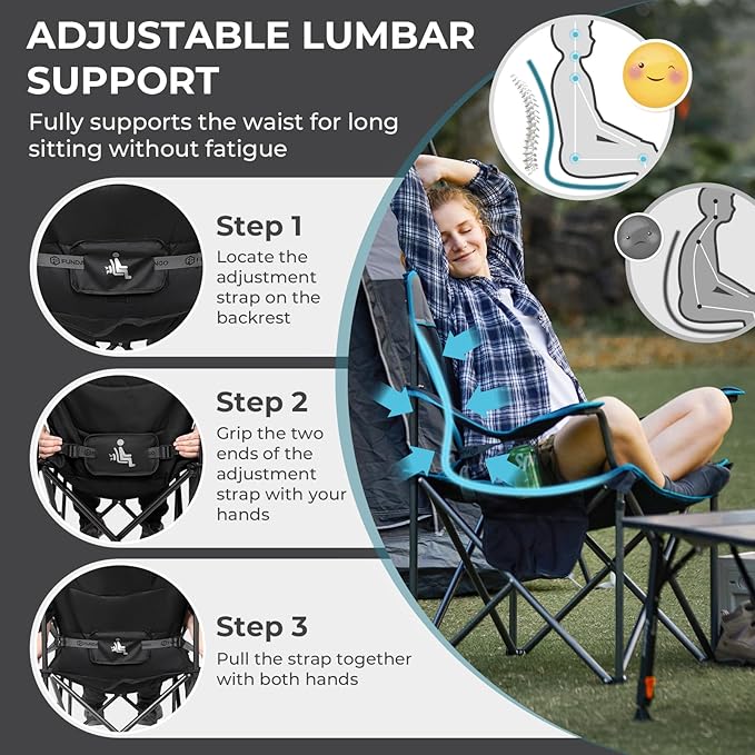 FUNDANGO Oversized Camp Chair for Adults, 2 pack,Heavy Duty Portable Foldable Lawn Chair with padded Seat & back, Lumbar Support, 4-can Cooler & Cup holder, Carry bag included for outdoor (Black/Grey)