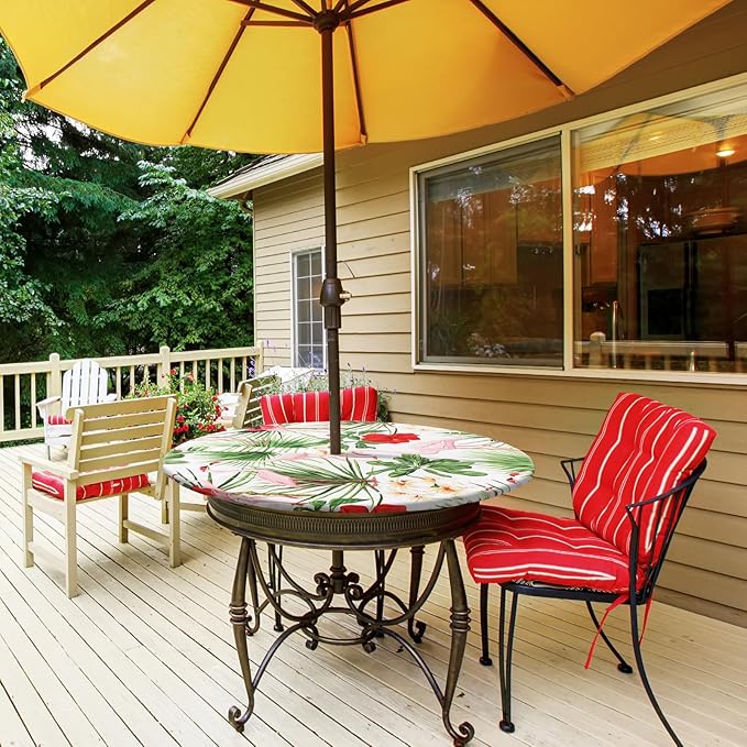 2 Pcs Round Outdoor Tablecloth with Umbrella Hole - Anti-Wrinkle Polyester Tablecloth with Elastic Zipper Table Cover for Summer Patio Camping Party(45''-53'',Hawaii Flamingos)