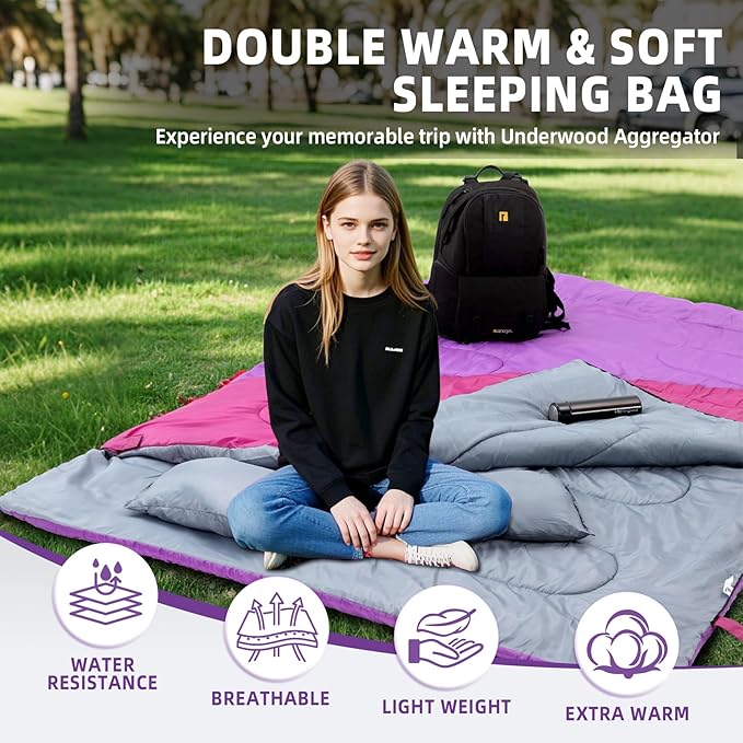 Double Sleeping Bag for Adults Kids - Lightweight 2 Person Sleeping Bag with Pillow, Queen Size Waterproof Camping Sack Two Person for Girls, Boys, Youths, Teens, Compact for Cold Weather & Warm