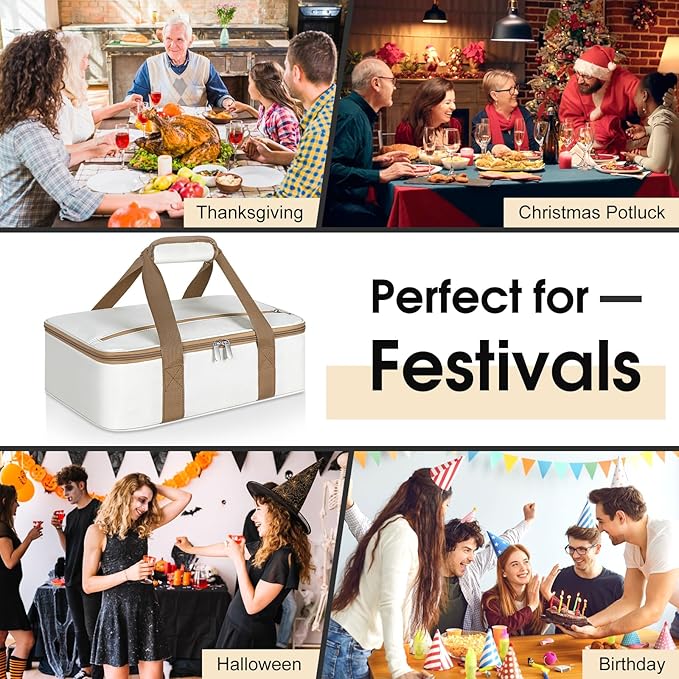 Insulated Casserole Carrier, Portable Casserole Carrier for Hot or Cold Food Lunch Tote Warmer or Cooler Bag, Lasagna Lunch Bag for Potluck Parties- Fits 9" x 13" Baking Dish-Beige