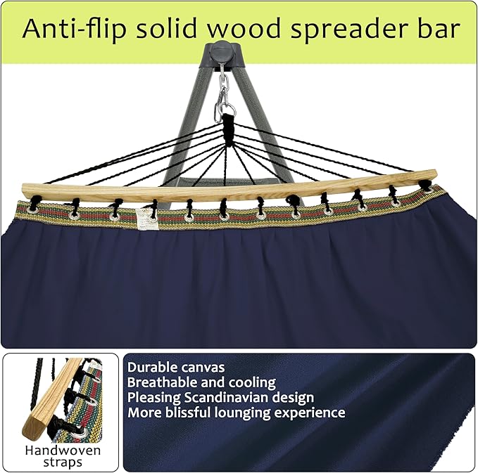 Tranquillo Ultimate Relaxation Portable Hammock Stand with Cotton Canvas Net, Spreader Bar, Quick Fold Unfold in 30 Seconds Steel Frame Hammock 600 lbs Capacity Outdoor, Navy