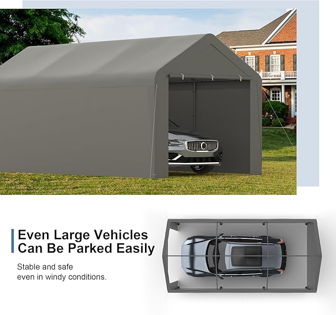 Carport, 10‘ x 20’ Heavy Duty Portable Garage All-Season Car Canopy w/Removable Sidewall & Doors, Carport Canopy Party Tent w/Water-Resistant Tarp for Backyard (Grey, 10‘ x 20’)