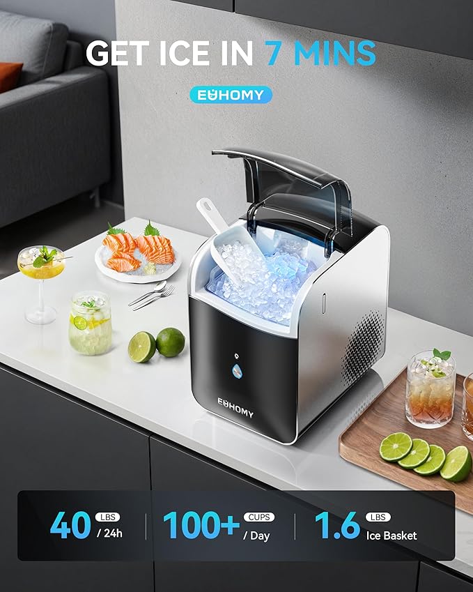 EUHOMY Smart Nugget Ice Maker Countertop, Portable Sonic Ice Maker with APP Control, 40lbs/24H, Ready in 8 Mins, Self-Cleaning, Pebble Ice Machine with Hanging Ice Scoop for Home/Kitchen/Office