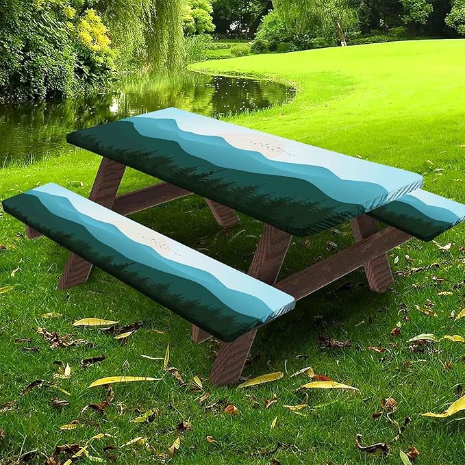 CAPSCEOLL Fitted Picnic Table Cover with Bench Covers with Elastic 8ft Waterproof Windproof Picnic Table Cloths Outdoor Camping Tablecloth with Drawstring Bag, 96X30In, Green Mountain
