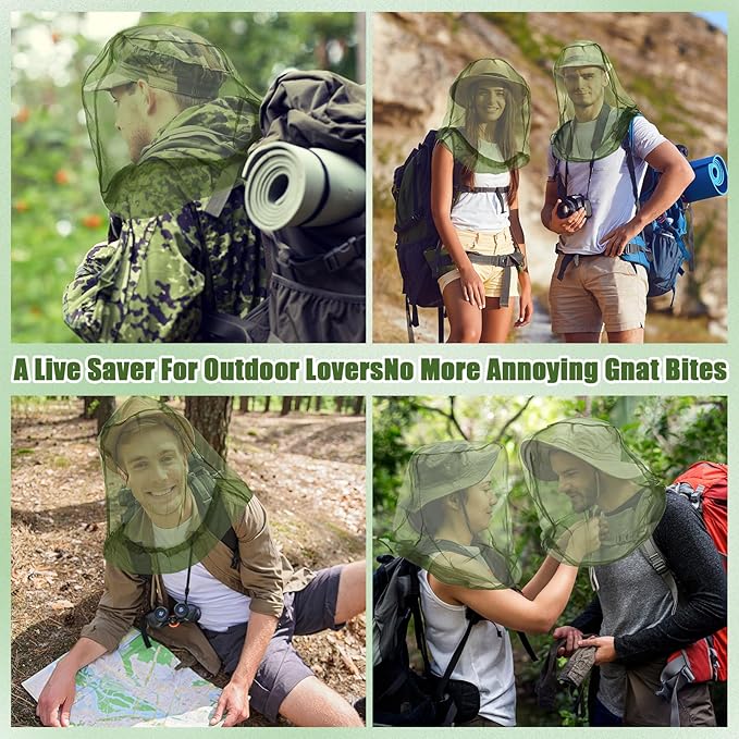 HESTYA 4 Pack Mosquito Head Net Face Mesh Protecting Net for Outdoor Hiking Camping Climbing Mosquito Fly Insects Preventing(Army Green)