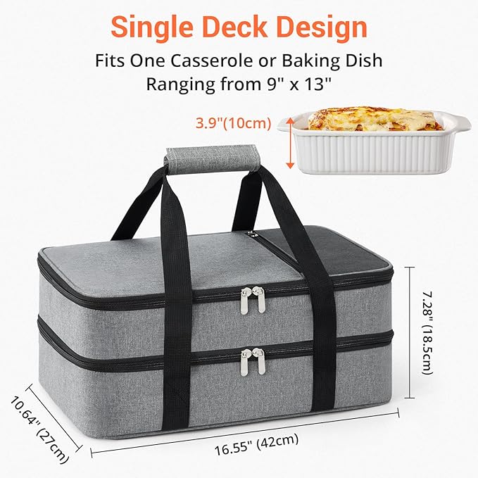 Double Insulated Casserole Carrier for Hot or Cold Food,Pie Carrier Bag Lunch Tote for Potluck Parties/Picnic/Cookouts, Fits 9"x13" Baking Dish, Grey