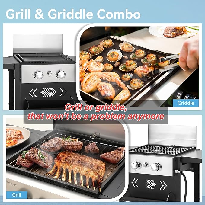 GREEN PARTY 2 Burner Griddle Grill Combo, 2 in 1 Propane Gas BBQ Grill w/Cast Iron Plate, 20,000 BTU Output Small Flat Top Propane Barbecue Grill for Camping, Patio, Backyard, Balcony