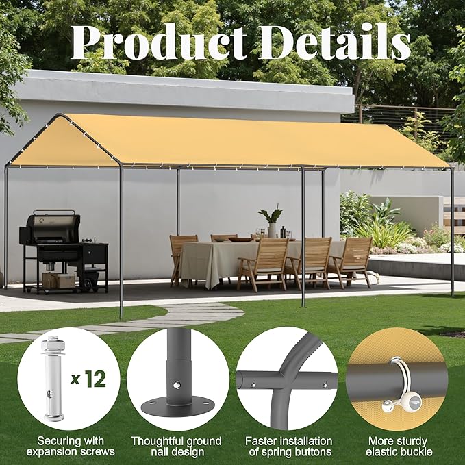 Carport, 10‘ x 20’ Heavy Duty Portable Garage All-Season Car Canopy w/Removable Sidewall & Doors, Carport Canopy Party Tent w/Water-Resistant Tarp for Backyard (Yellow, 10' x 20' /no Side)