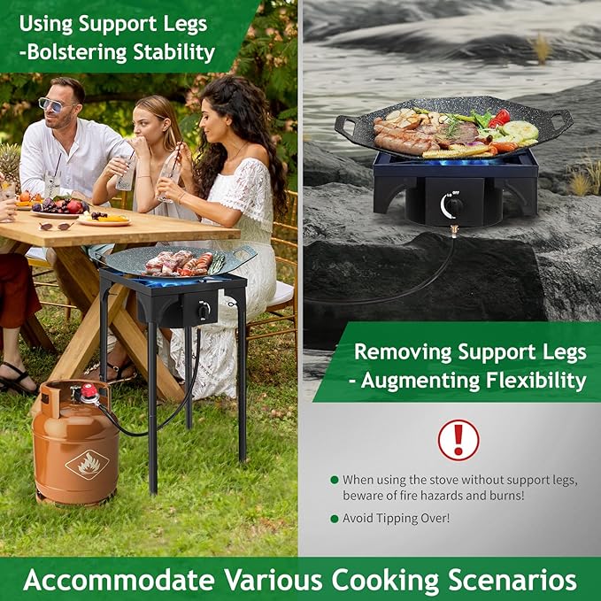 Outvita 1 Burner Propane Gas Stove for Outdoor Cooking, 75,000 BTU Camping Cooker with Removable Legs, Temperature Control Knobs for Backyard Cooking, BBQ, Baking and Frying(Single Burner)