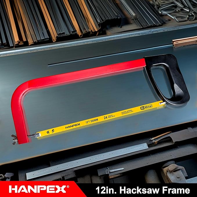 12in. High-Tension Hacksaw Frame with 24 TPI Bi-metal Blade, Hand Saw Suitable for Metal, wood, PVC, Carpentry（Black Handle）