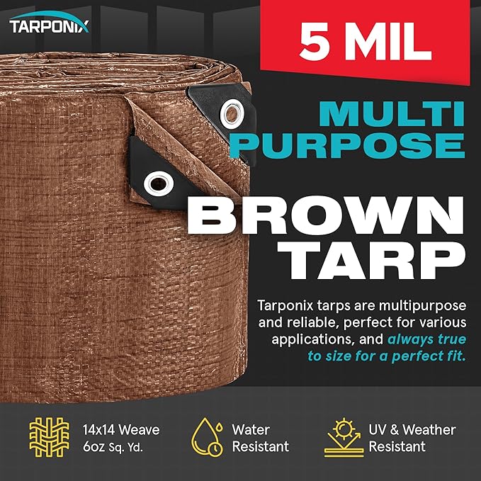 Brown Poly Tarp 6’ x 8’ – Lightweight 5 Mil Waterproof Cover – Durable, Weatherproof, Multipurpose Protection for Camping, Roofing, Construction