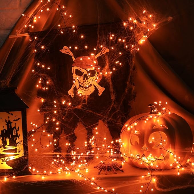 Halloween Fairy Lights Plug in, 10Feet 200 LEDs Firecracker String Lights with Remote, Cluster String Lights for Ceiling Bedroom Wreath Garland Window Bar Haunted Theme Halloween Decoration, Orange