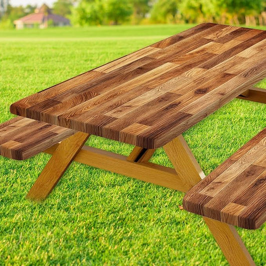 JAWO Picnic Table Covers with Bench Covers Wooden Pattern Camping Tablecloth Fitted Picnic Table Cover with Elastic Windproof Waterproof Fabric, Camping Accessories Patio & Outdoor