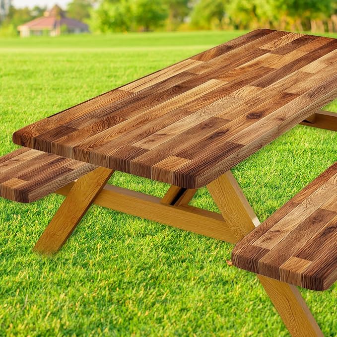 JAWO Picnic Table Covers with Bench Covers Wooden Pattern Camping Tablecloth 8FT for 8 Person Fitted Picnic Table Cover with Elastic Windproof Waterproof Fabric, Camping Accessories Patio & Outdoor