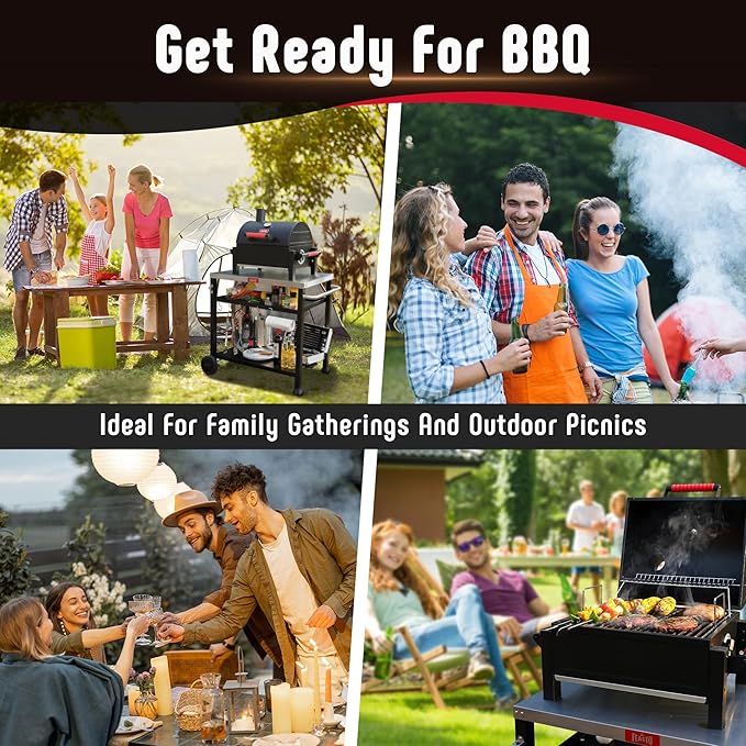 Portable Charcoal BBQ Grills with Cast Iron Grates, Tabletop Charcoal Grills with 354 Sq. In Cooking Area, for Outdoor Camping and Picnic, Black, L26.8’’x W20’’x H21.3’’