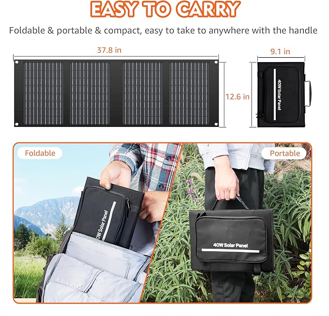 Apowking Portable Solar Panels 40W, Foldable Solar Panel Charger for 100-300W Portable Power Station, with Adjustable Kickstands, DC 18V Output, USB 3.0 and Type-C Ports for Camping Van RV Trip