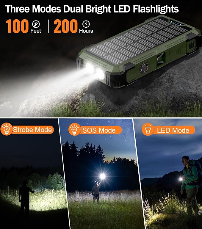 Army Green Solar Power Bank 42800mAh, 15W Wireless Portable Charger with Built-in Cables, 5 Outputs & 3 Inputs, Outdoor Battery Pack with LED Flashlight, Fast Charging for iPhone, Samsung, iPad