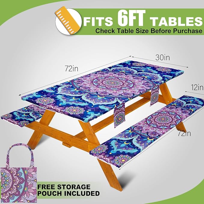 Fitted Picnic Table Cover with Bench Covers Set, Waterproof Lightweight Rectangle 72in Folding Table Cloths Canopy Shade Slipcover Cool Unique Fun Camping Gift for Camper Women Men Family Rv Owners
