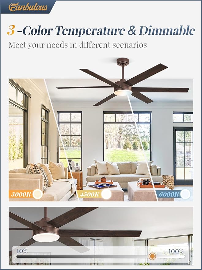 60 Inch Ceiling Fans with Lights and Remote, Reversible 6 Blades, Dimmable, 3000K-6000K Adjustable, Outdoor Ceiling Fans for Patios, Large Ceiling Fan for Indoor or Covered Outdoor, Brown