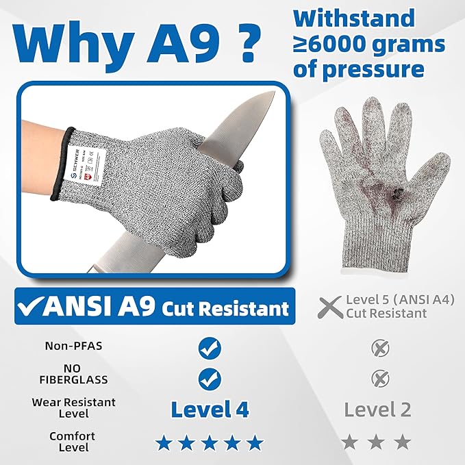 Schwer 2 Pairs ANSI A9 Cut Resistant Gloves, Food Grade Reliable Cutting Gloves, Mandoline Gloves for Kitchen Meat Cutting, Oyster Shucking, Fish Fillet Processing, Non-PFAS, PR1501-G, XL
