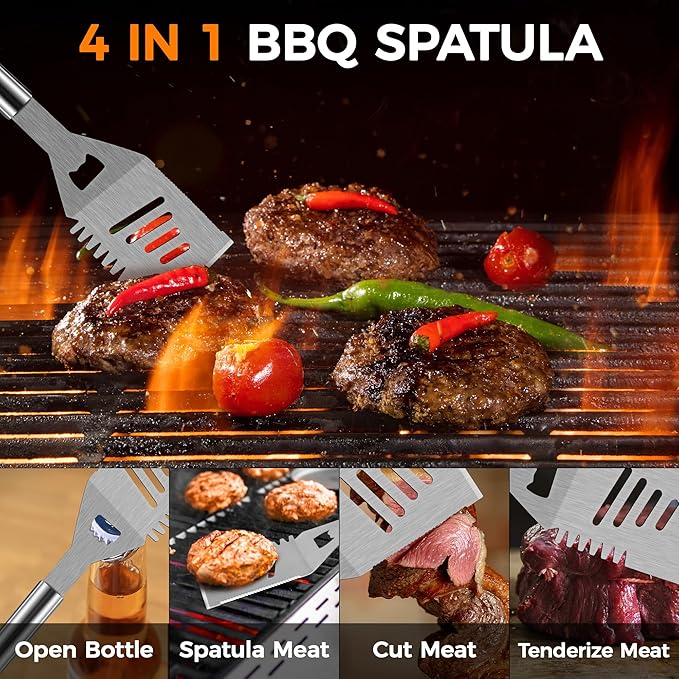 BBQ Accessories Grill Tools - Grilling Gifts for Men Dad, 32Pcs Heavy Duty Stainless Steel Barbecue Grill Accessories for Outdoor Grill with Aluminum Case and Apron, Dad Men Gifts for Christmas