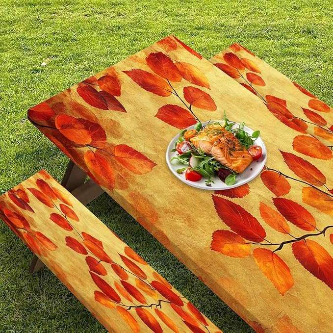 CAPSCEOLL Fitted Picnic Table Cover with Bench Covers with Elastic 6Ft Waterproof Camping Picnic Table Cover Cloths for Outdoors Camping Tablecloth with Drawstring Bag, 72X30in, Burnt Orange Leaves
