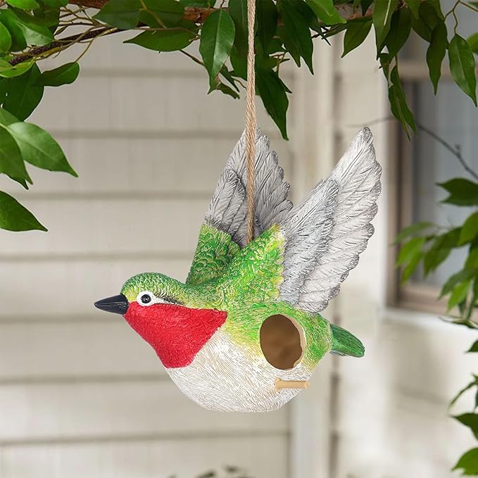 BAYN Bird House for Outside, Hanging Handcrafted Hummingbird Resin Outdoor birdhouses Humming Bird, Bluebird, Wren, Camper Hanging Houses nest cage