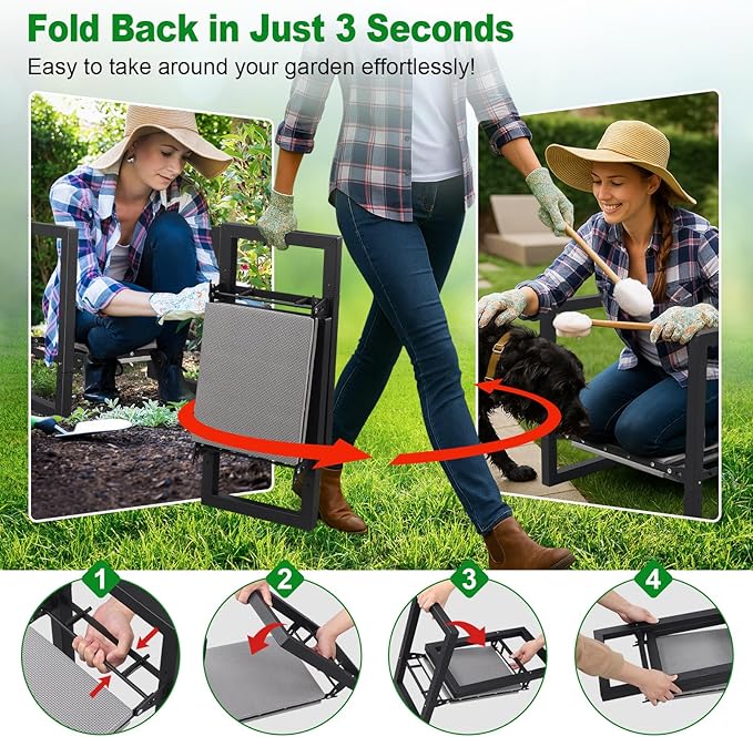 Garden Kneeler and Seat Heavy Duty - Anti-Tip Super Stable Multifunctional Gardening Stool Bench,Wide 12.7" Pads,Foldable Ergonomic Handles for Seniors Women Men Pain-Free Weeding,Planting Yard Work