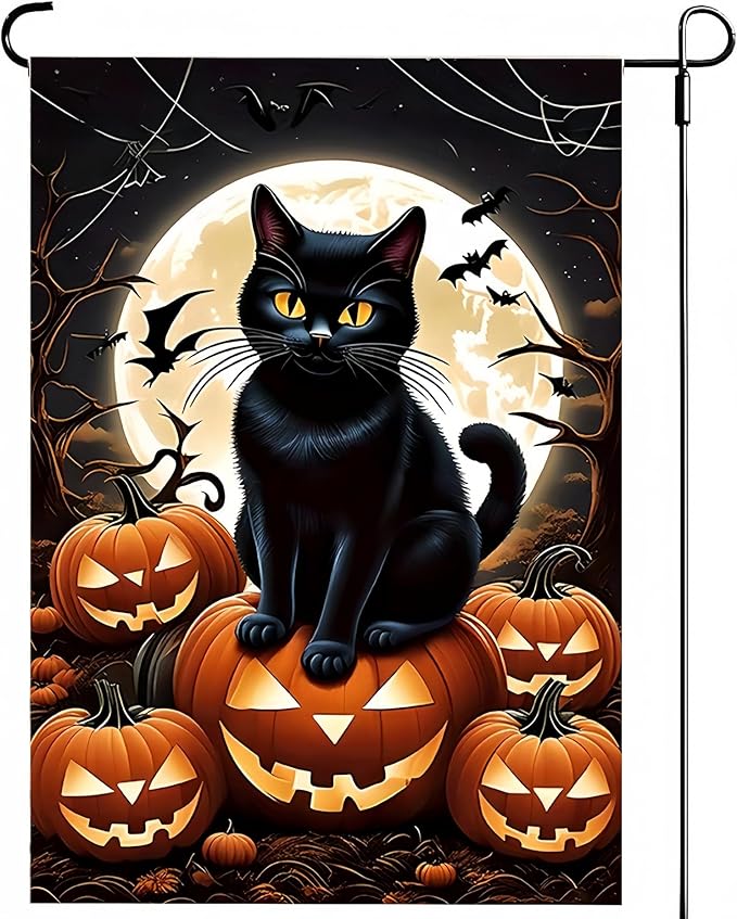 Halloween Garden Flag 12X18Inch Double Side, Jack O Lantern Yard flag, Cat Outside Small Garden Flag Decorative, Outdoor Flag for Holiday Patio Courtyard Lawn