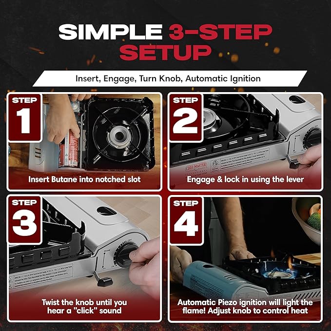 15,000 BTU Output Portable Butane Camping Stove by Chef Master, Double Wind-Guard Portable Stove Burner, Peizo Click Ignition for Emergencies, Tailgating, Hiking, Backpacking, Camping Essential -90019