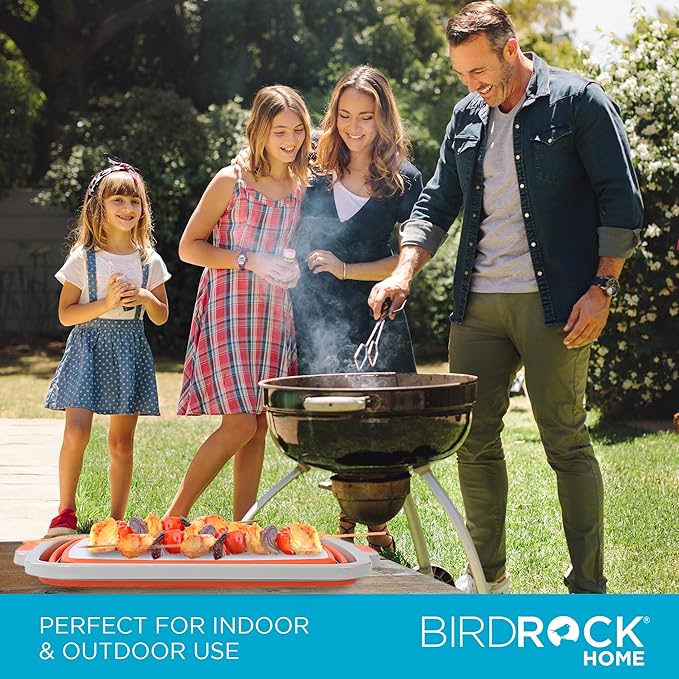 BIRDROCK HOME Collapsible Food Prep & Cutting Board and Grill Caddy Tub with Colander & Lid | Multifunctional Kitchen Vegetable Washing Basket | Silicone Dish Tub for BBQ, Picnic, Tailgate and Camping