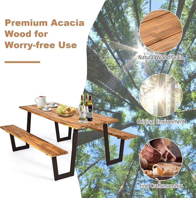 COSTWAY Acacia Wood Picnic Table, 70” Tabletop with Umbrella Hole, Strong Metal Frame, 6 Person Outdoor Picnic Table Bench Set for Patio, BBQ, Dining