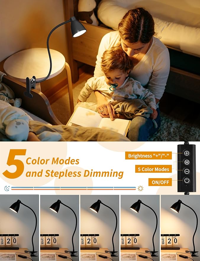 BOHON Desk Lamp 5 Color Modes 10 Brightness Dimmer Reading Light 10W 38 LED Clamp Lamp with Auto Off Timer 360° Flexible Gooseneck Clip on Light for Bed Bedside, AC Adapter Include