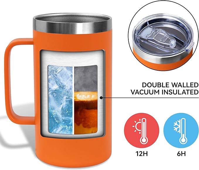 DOMICARE 24oz Mug with Handle and Lid, Stainless Steel Coffee Mug, Travel Mug with Handle, Double Wall Vacuum Coffee Tumbler, Reusable Insulated Cup, Orange, Pack 4
