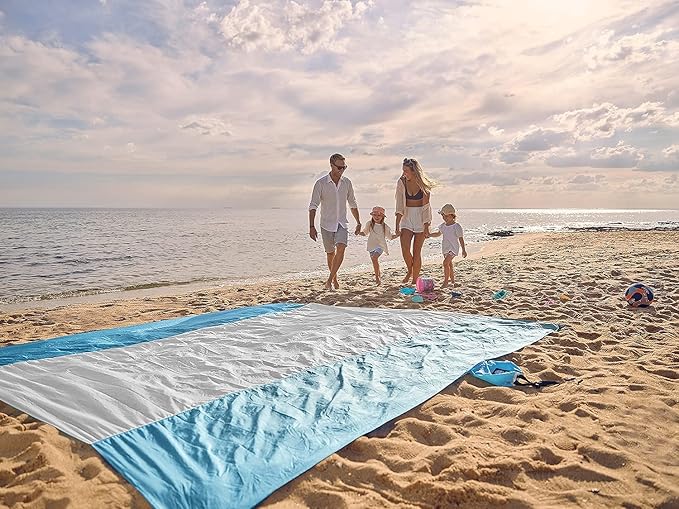 WEKAPO Beach Blanket Sandproof Waterproof, Extra Large Beach Mat, Oversized & Compact Sand Free Mat Quick Drying, Lightweight & Durable with 6 Stakes & 4 Corner Pockets