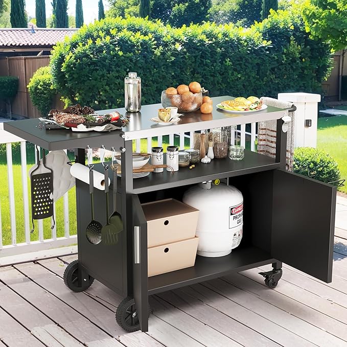 JY QAQA Outdoor Grill Cart with Storage,Patio Kitchen Island Outdoor Grill Table with Wheels,BBQ Cart Movable Pizza Oven Table Stand, Storage Cabinet, Foldable Tabletop, Black