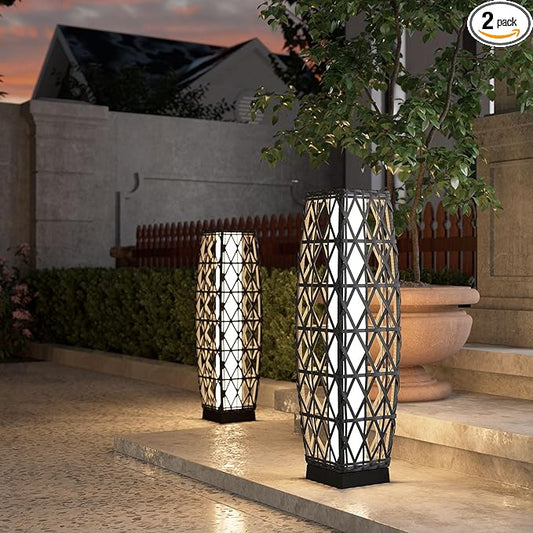Grand patio 2-Piece Outdoor Solar-Powered Woven Wicker Lantern Floor Lamp Decoration for Deck Garden Lawn Porch - Medium Cindy, Silver Gray