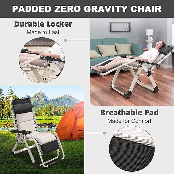 ABORON Padded Zero Gravity Chair,Premium Outdoor Lawn Folding Lounge Chairs,Sturdy Adjustable Reclining Patio Chairs with Headrest & Tray