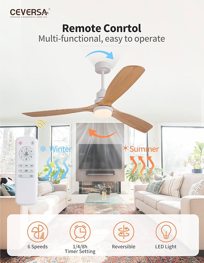 60 Inch Outdoor Natural Wood Ceiling Fans with Lights and Remote, 3 Blades Wood Outdoor Ceiling Fans, Noiseless Reversible DC Motor, for Patio,Living Room,Bedroom,Indoor,Farmhouse