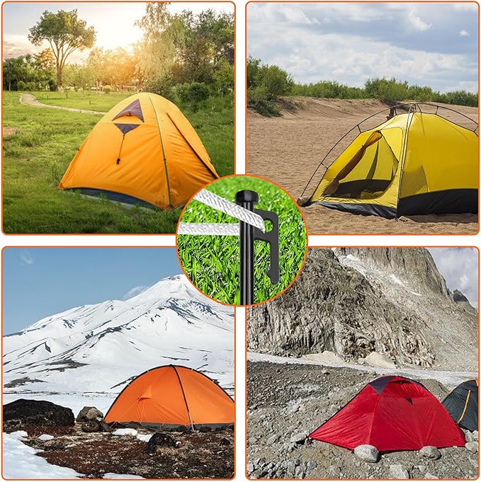 Eurmax USA 10 inch Multiuse Heavy Duty Steel Tent Stakes Tarp Pegs Camping Stakes for Outdoor Camping Canopy and tarp with 4 Ropes 10FT Length,8pcs(Black)