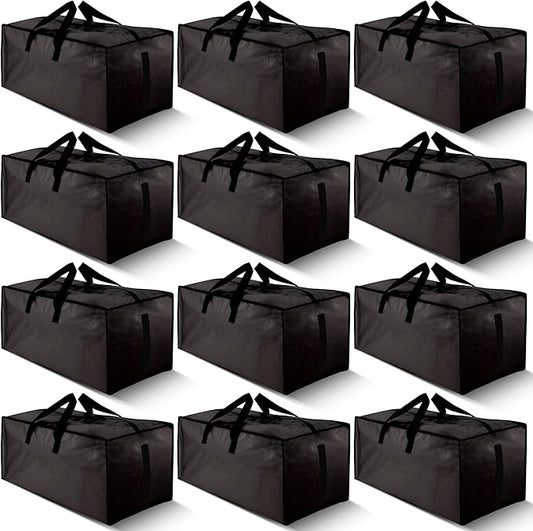 12 Pack Large Strong Moving Bags with Zippers & Carrying Handles - Water-Resistant - Heavy Duty Storage Tote for Space Saving Moving Storage, Fold Flat, Alternative to Moving Box (Black)