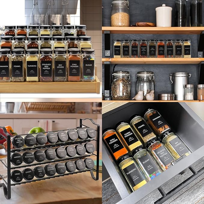 AISIPRIN 24 Pcs Glass Spice Jars with 398 Labels, 4oz Empty Square Spice Containers Seasoning Bottles - Shaker Lids, Funnel, Brush and Marker Included(Black Metal Caps)