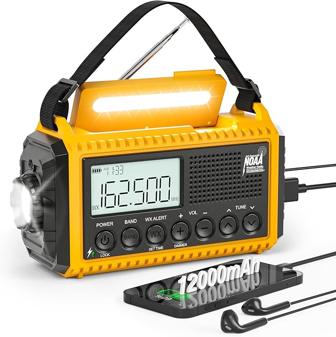 12000mAh NOAA Emergency Weather Radio, Hand Crank Emergency Radio Portable AM FM Shortwave, Solar Rechargeable Battery Powered with USB-C Charger & Adapter, SOS Alert Flashlight for Outdoors