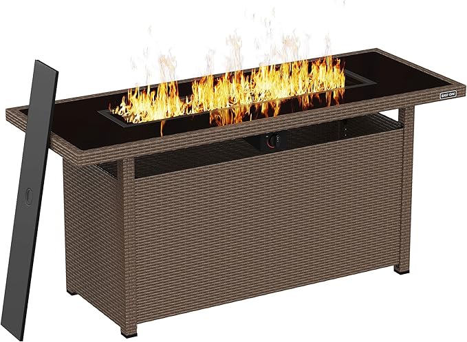 EAST OAK 57" Gas Fire Pit Table, 60,000 BTU Propane Fire Pit w/Large Tempered Glass Desktop, CSA Certified Outdoor Patio Fire Table with 9.2lb Glass Stone & Removable Lid, Chocolaty Coffee