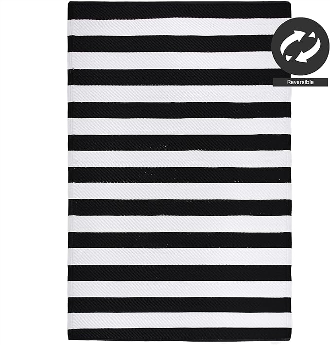 FH Home Outdoor Camping Rug - Waterproof, Fade Resistant, Reversible - Premium Recycled Plastic - Striped - Picnic, Patio, Deck, Sunroom, RV - Brittany Stripe - Black & White - 4 x 6 ft Foldable