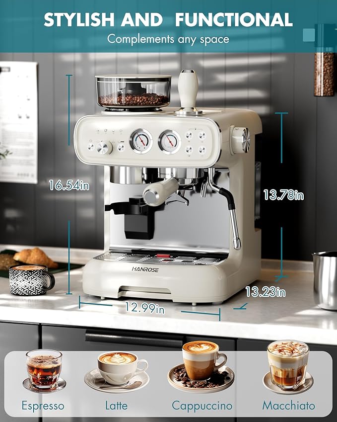 Espresso Machine With Grinder, 20 Bar Espresso Machine with Milk Frother Steam Wand, Espresso Machines for Home, Expresso Coffee Machines Professional, Cappuccino Latte Machine