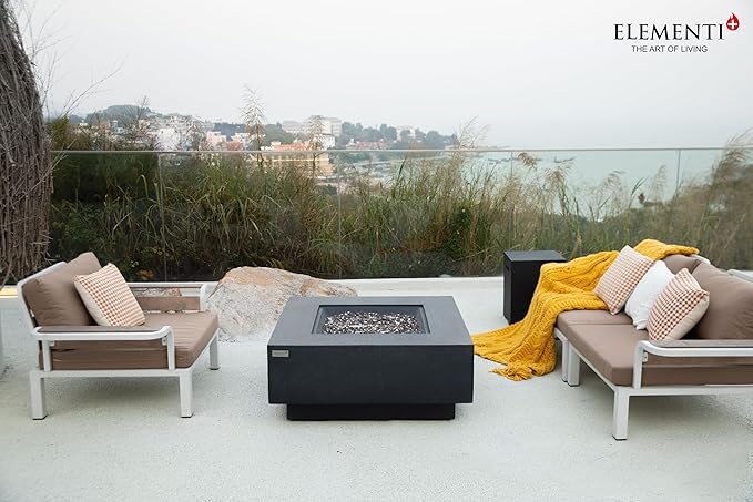 Elementi+ | Bundle Bergen Gas Fire Pit Cast Concrete 40" Square Fire Table, Outdoor Fire Pit Electronic Ignition | Canvas Cover, Fire Glass and Burner Lid Included | Dark Gray | Natural Gas