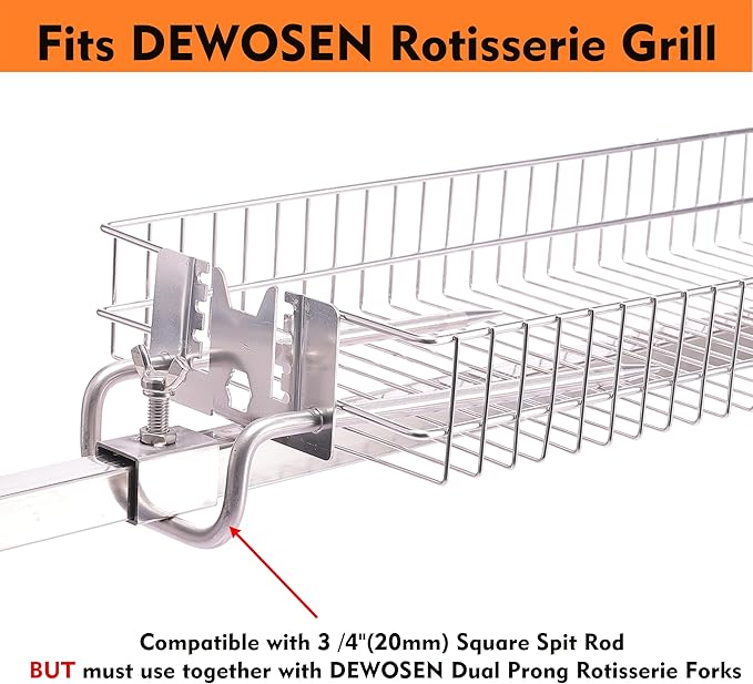 Stainless Steel Flat Rotisserie Grill Basket Large Size, Fits 1/2" or 3/8" Hexagon, 3/8" or 5/16" Square Spit Rod, If 3/4" Square Spit Rod MUST Use Together With DEWOSEN Rotisserie Forks