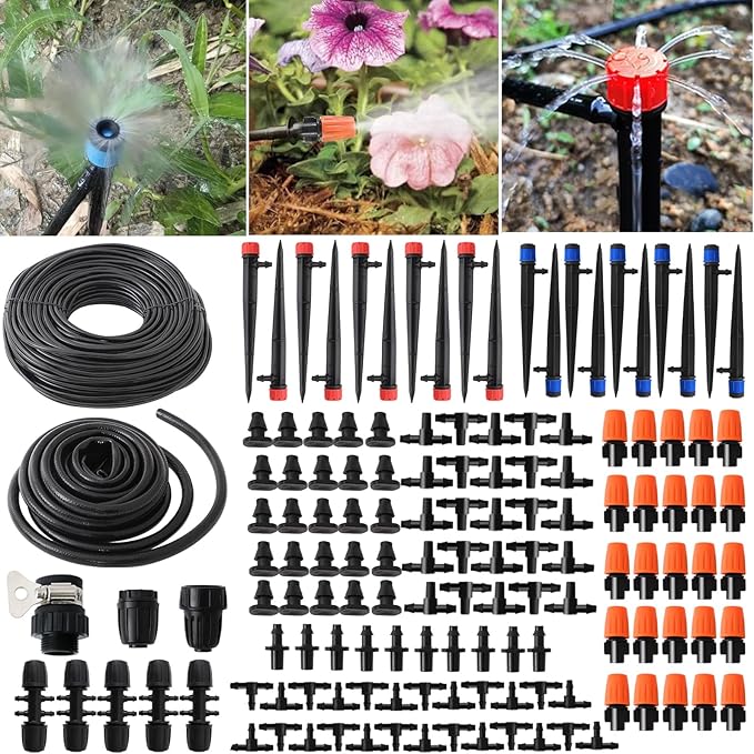 226FT Greenhouse Micro Drip Irrigation Kit Automatic Irrigation System Patio Misting Plant Watering System with 1/4 inch 1/2 inch Blank Distribution Tubing Hose Adjustable Nozzle Emitters Sprinkler